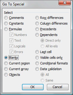 In the Go To Special dialog, select Blanks and then choose OK. After you do so, Excel will select every blank cell in the selected range.