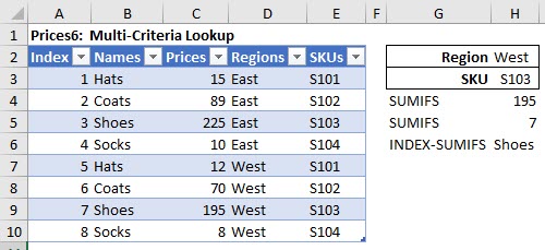We can use INDEX-SUMIFS to return either text or numbers from a multi-criteria Table.